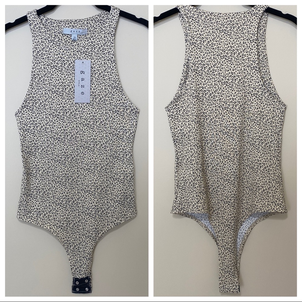 Gaze Leopard Print Thong Bodysuit High Neck Sleeveless with Lined Chest XS